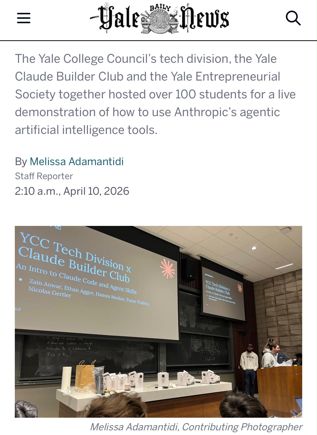 Yale Daily News coverage of YCC Tech's AI tools workshop