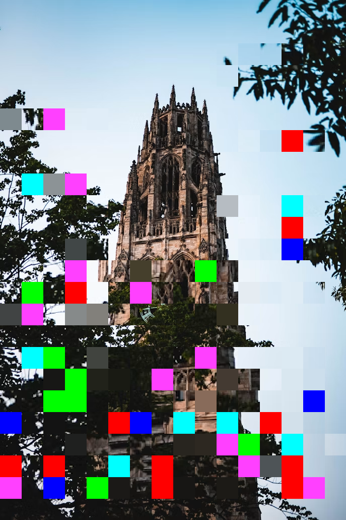 Harkness Tower with colorful pixel-glitch artwork