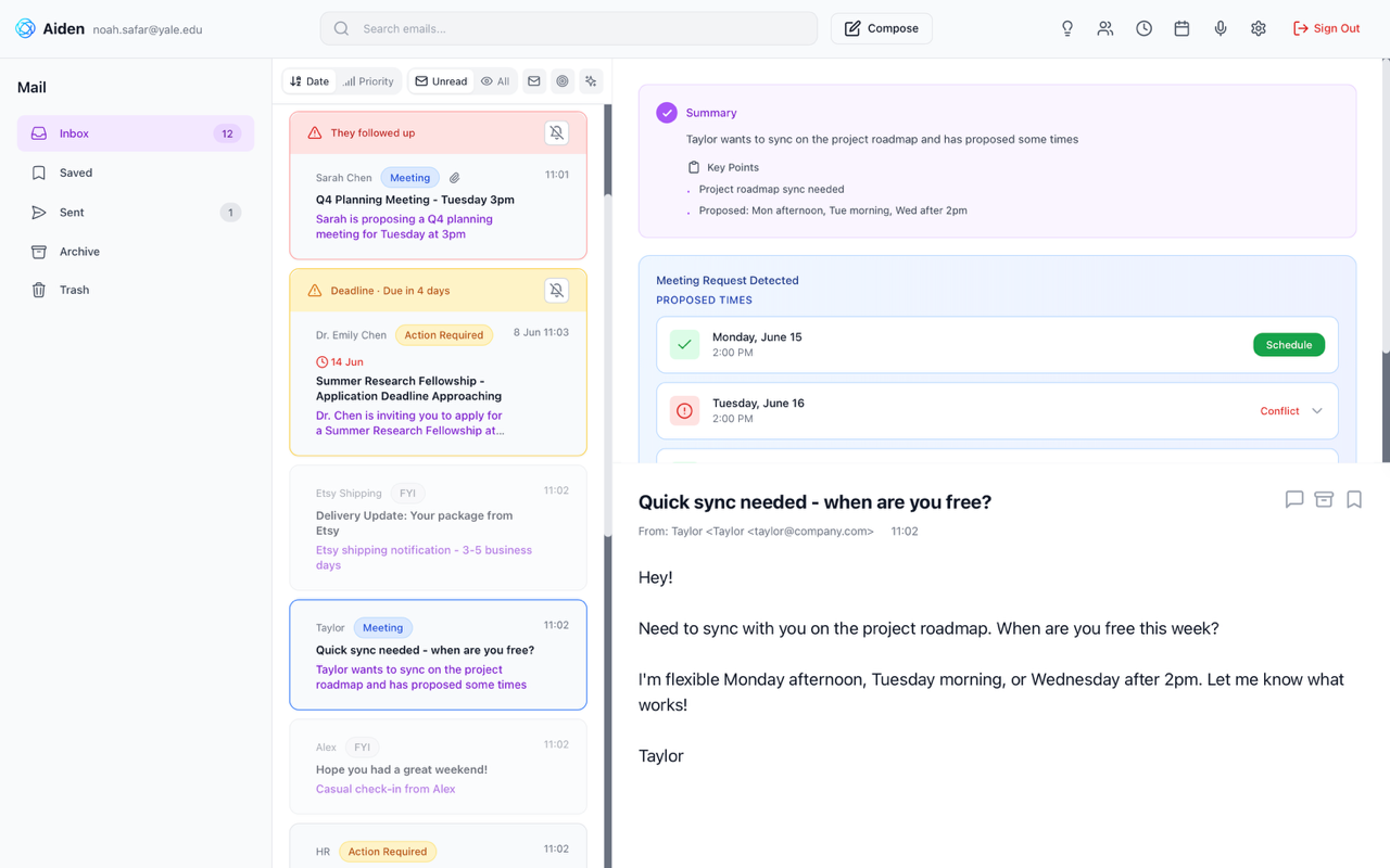 Aiden email interface summarizing a message and proposing meeting times